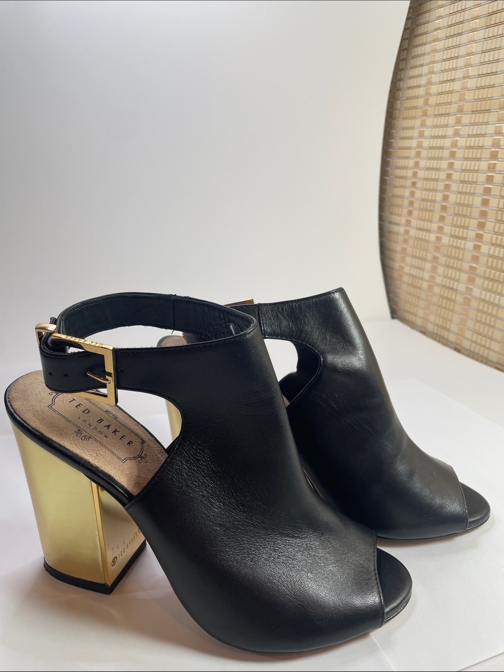 Ted Baker Black Leather Peep-Toe Heels with Gold Block Heel Size 38